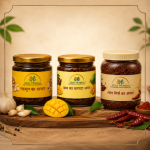 300 Garlic, 300gm Aam ka chatpata achar and 900gm Red chilli